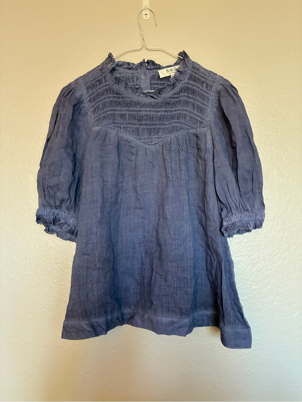 Sea New York Blue Smocked Puff Sleeve Blouse Women's Size 6 Ramie Peplum Cottage